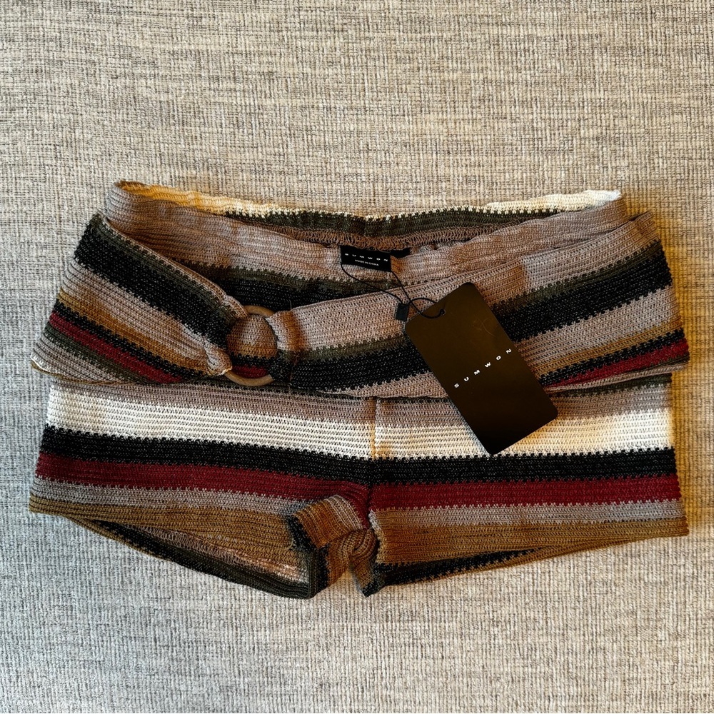 Women’s Striped Knit Crochet Micro Coverup Shorts with Belt